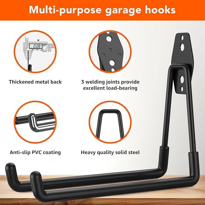32-Pack Heavy Duty Wall Mount Garage Hooks | Hanging Storage For Ladders, Hoses, Bikes, Garden Tools, Ropes; For Yard, Warehouse, Workshop, Shed, Shop