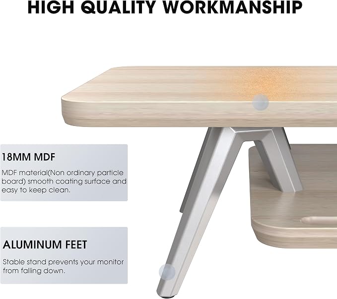 Fenge Dual Monitor Stand Riser, Wooden Desk Shelf with 2-Tier Storage | 47.2-Inch Extra Wide, Sturdy Aluminum Legs, Built-In Phone & Tablet Slot, Desktop Organizer for Office Accessories