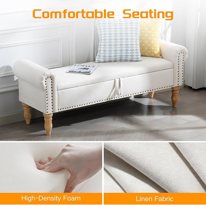 60" Storage Bench for Bedroom,End of Bed Bench with Storage | Linen King Size Bench with Rolled Arms,Storage Ottoman Benches for Living Room,Entryway,Benches for Foot of Bed,Beige