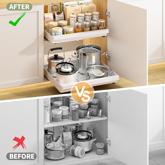 DOMNIU Pull Out Cabinet Organizers Expandable,White,20.8" Depth,2 Pack | Plastic Slide Out Drawers for Kitchen, Bathroom, Pantry, Under Sink Storage, Fixed with Adhesive Nano Film (13''-19'')