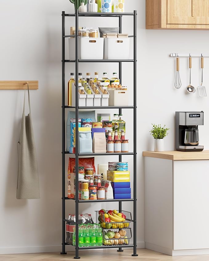 Sakugi Storage Shelves - 6 Tier Shelf Organizer, Sturdy Metal Garage Shelving with Adjustable Leveling Feet, Space-Saving Shelves Organizer for Pantry, Laundry, Kitchen (18" x 12" x 70", Black)