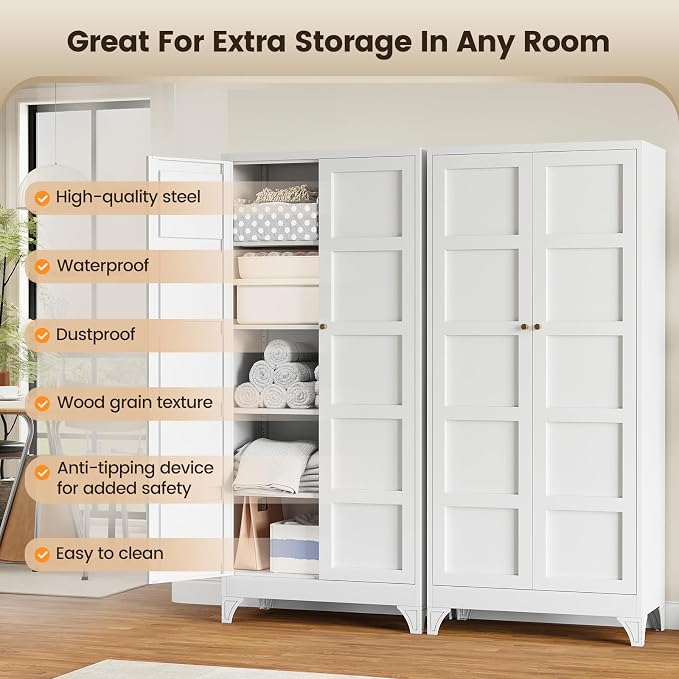Yizosh Metal Storage Cabinet with 2 Doors and 4 Adjustable Shelves,- 71" White Kitchen Pantry Storage Cabinet for Kitchen,Dining Room,Living Room