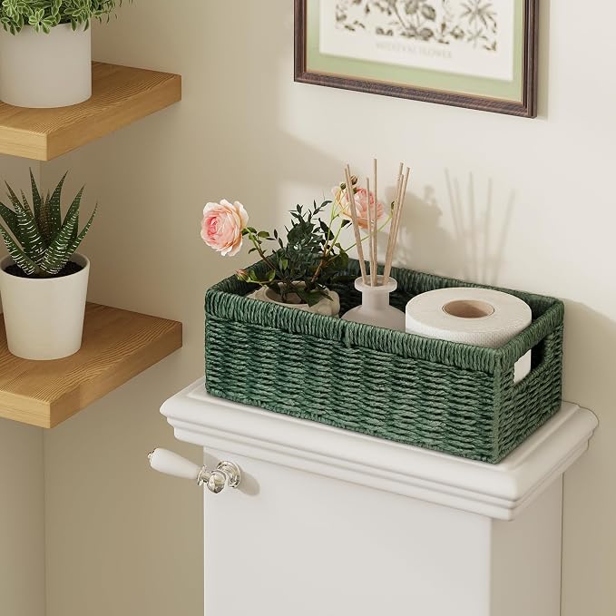 Wicker Storage Basket, 2-Pack Paper Rope Wicker Baskets with Handles, Toilet Paper Basket for Toilet Tank Top, Small Wicke Baskets for Organizing Decor Storage Bins for Shelves, Green