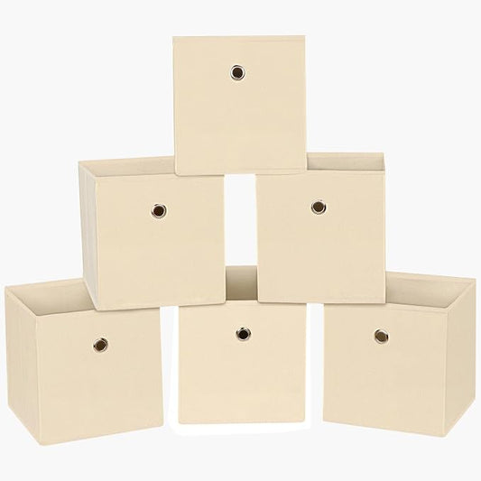 Foldable Storage Cubes Bins ,11 Inch Cloth Storage Cube Fabric Storage Box Cubes Organizer Baskets with Handles for Home Organizer Set of 6 (Creamy-White)