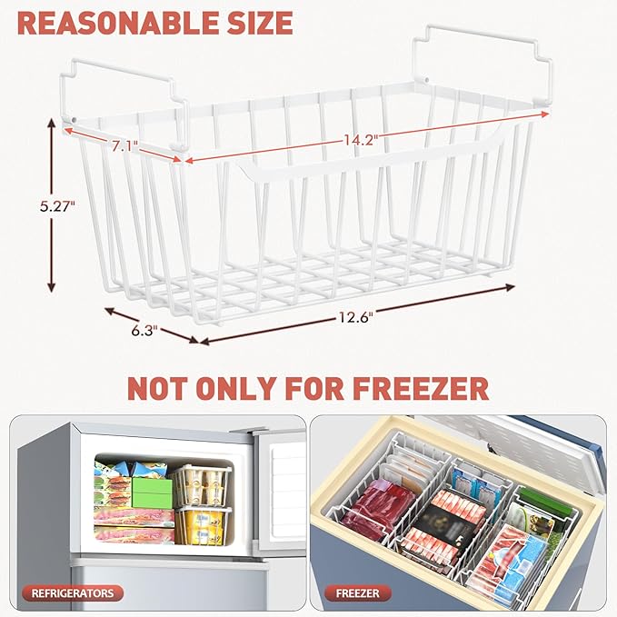 Goovilla Freezer Organizer Bins for 5-7 Cu.FT Chest Freezer,8 Pack White | Foldable Handle Stackable Freezer Baskets, Coated Metal Freezer Storage Bins with Better Space Utilization, Deep Organization