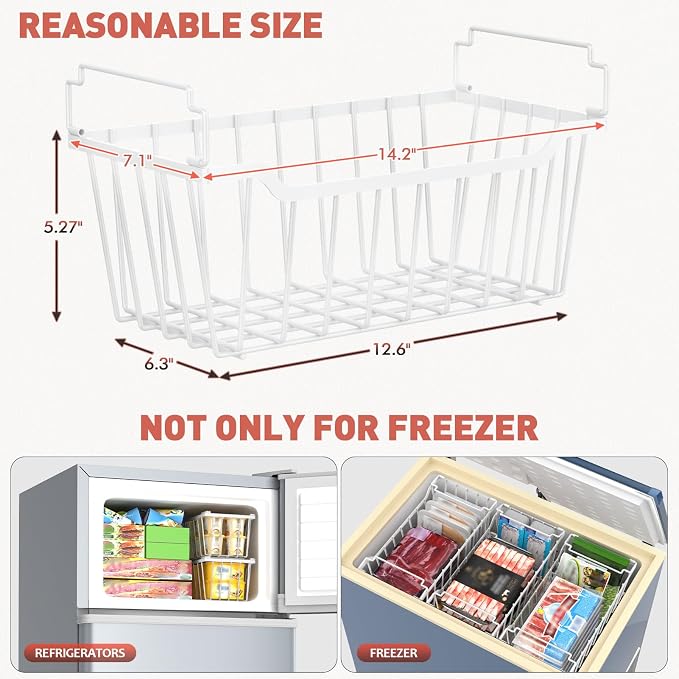 Goovilla Freezer Organizer Bins for 5-7 Cu.FT Chest Freezer, 4 Pack White | Foldable Handle Stackable Freezer Baskets, Coated Metal Freezer Storage Bins with Better Space Utilization, Deep Organization