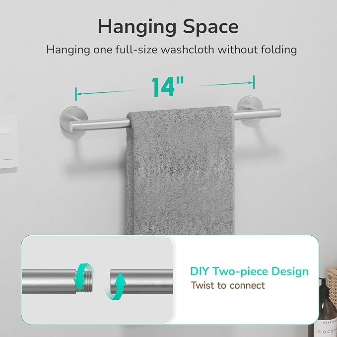USHOWER Brushed Nickel Towel Bar, 14-Inch Towel Racks for Bathroom | Thicken SUS304 Stainless Steel Towel Rod, Towel Holder Wall-Mounted, Modern Home Decor (Total Length 16-Inch)