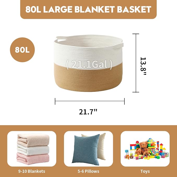 Foldable Laundry Hamper Basket with Collapsible Handle Cotton Rope Soft Woven Fabric Storage Organizer Clothes Toys Nursery Bedroom Dorm Space Saving Bin (White & Camel, 80L(21.7"D x 13.8"H))