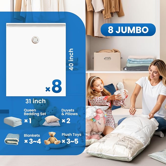 TAILI 8 Pack Vacuum Storage Bags, Jumbo Size (31×40 inch), Cream | Vacuum Seal Bags for Clothing, Extra Large Space Saver for Bulky Beddings, Comforters, Blankets, Pillows, Reusable