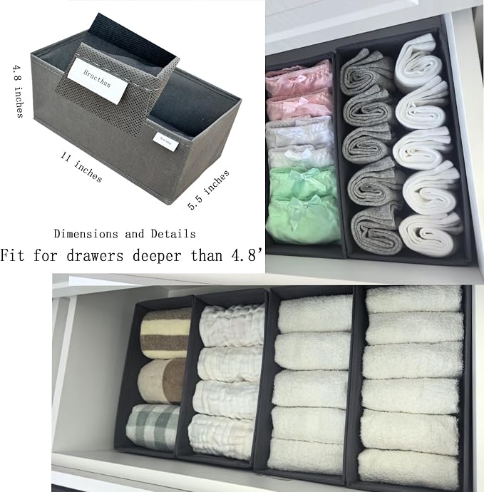 Bructhun Sock Drawer Organizer 6 Pack - Collapsible Fabric Storage Bins for Underwear Divider, Small Closet Organizers with 6 Compartments, Gray