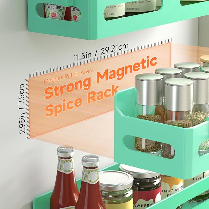 Sevenblue 4-Pack Magnetic Spice Rack for Refrigerator with Hooks, Green | Strong multipurpose magnetic shelf for kitchen & bathroom organization. Includes 4 removable hooks for hanging items.