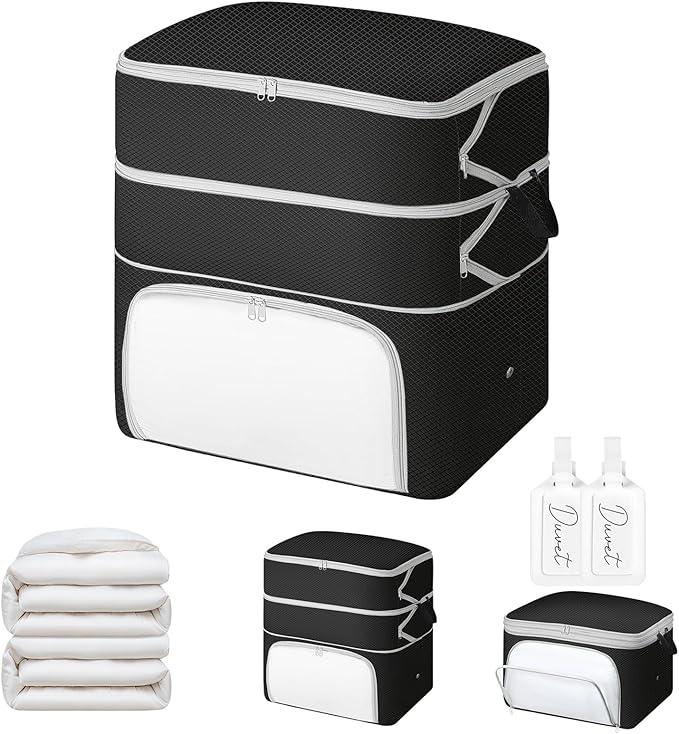 Comforter Storage Bag - 130L Blanket Storage Bags Front-opening Ultra Space Saving Self Compression Organizer, Washable Compression Bags for Storage Comforter Blanket, 1 Pack, Black