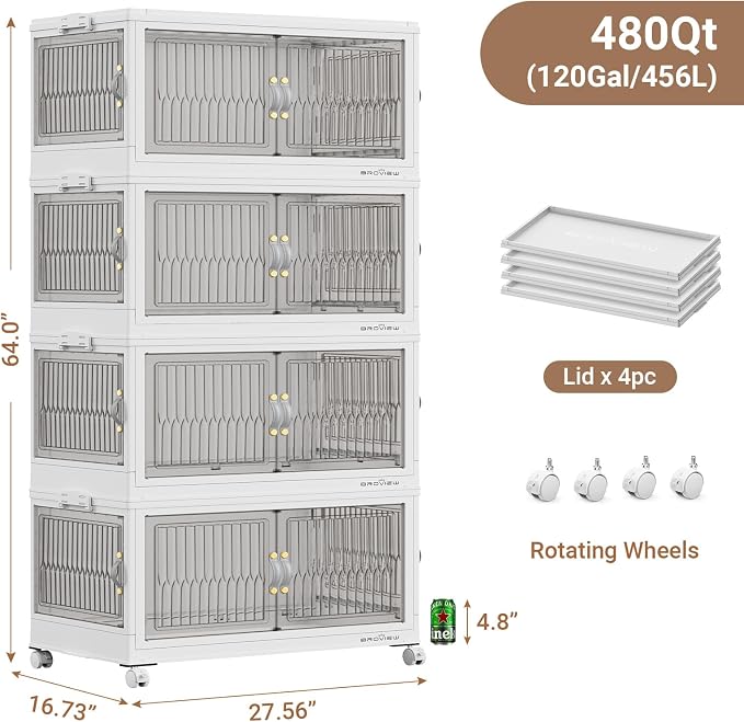 BROVIEW 480Qt Stackable Storage Bins with 4 Lids, Front and Side Open Doors, Plastic Collapsible Closet Organizer and Storage Cabinet, Foldable Box with Wheels Drawer for Home Office, 4Pack White