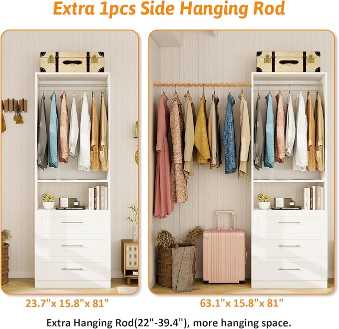 Closet System with Drawers, 2FT Closet Organize System with 3 Drawers & 2 Hanging Rods &for Walk in Closets, 24" Freestanding Closet System, White(VO-009)