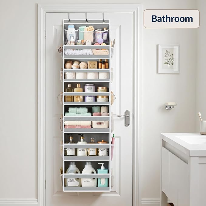 Yecaye 7 Tier Over the Door Organizer, Large Capacity Door Organizer Hanging with Clear PVC Windows, Behind the Door Storage for Bedroom Nursery Closet Laundry Pantry Bathroom, Grey