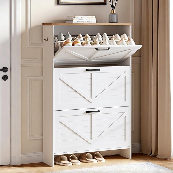 Shoe Cabinet for Entryway, 3 Flip Drawers Shoe Storage Cabinet with 3-Tier Adjustable Shelves, Ultra Slim 9.1" Depth Holds Up to 30 Pairs, Freestanding Hidden Shoe Organizer with Barn Door Design