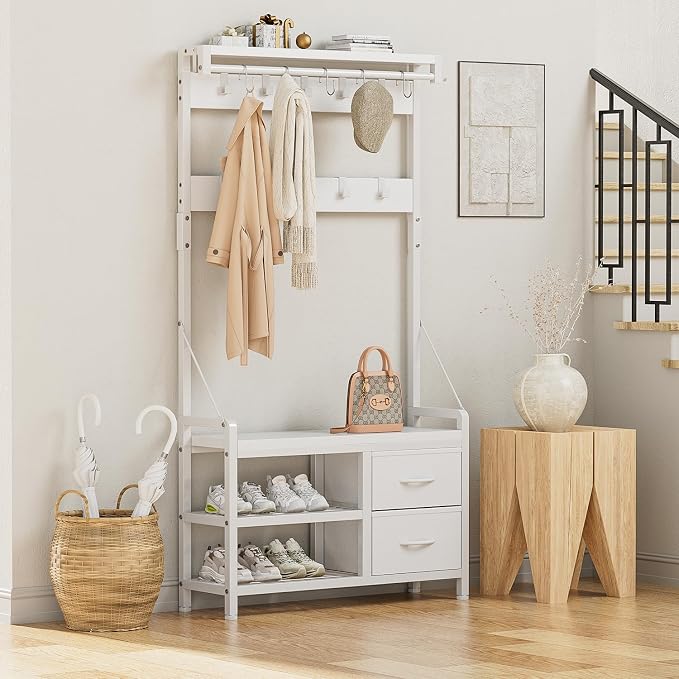 Hall Tree with Bench and Shoe Storage, 31.5” Coat Rack Freestanding | White, 5 in 1 Intelligent Design, 17 Hooks, 2 Drawers, Handy Clothes Rail