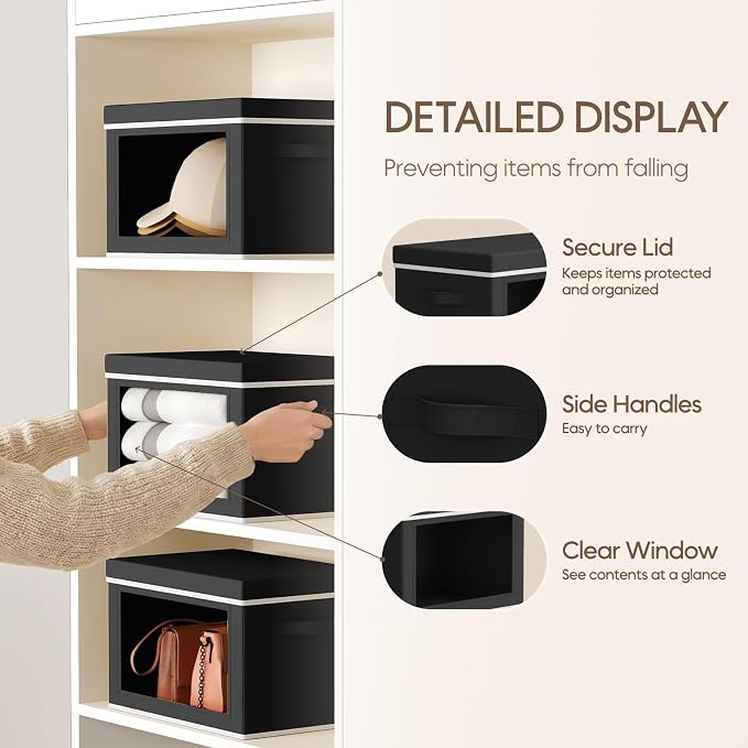 Storage Bins with Lids - Small Fabric Organizers with Window, Collapsible Storage Bins for Clothes, Decorative Closet Organizers for Towels, Tshirt, 4 Pack, Black