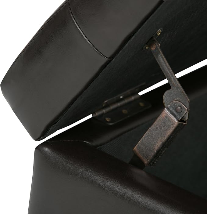 SIMPLIHOME Dover 36" Wide Vegan Leather Storage Ottoman in Distressed Black | Tanners brown, transitional storage ottoman with tufting and lift-up lid; rectangle storage bench for living room.
