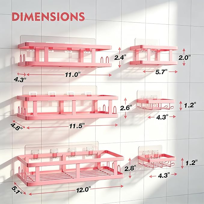 Youvip Pink Shower Caddy 6 Pack, Adhesive Shower Shelves | Pink Bathroom Decor, No Drilling, Rustproof, Large Capacity, 6 Adhesives, 24 Built-in Hooks, Dorm Apartment