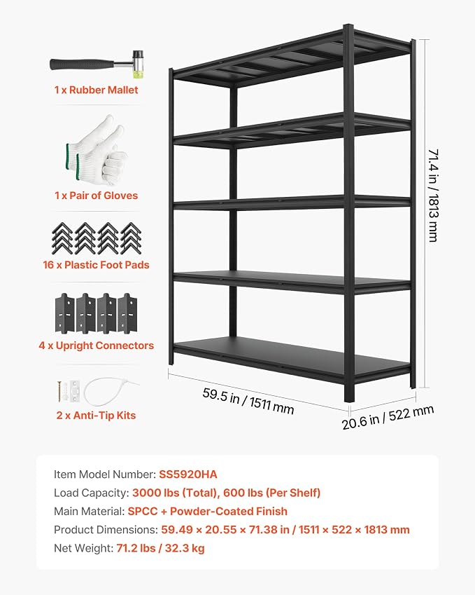 VEVOR Garage Shelving, 5-Tier Adjustable Storage Shelves, 3000 lbs Heavy Duty Garage Shelves, Metal Utility Rack Shelf for Garage Workshop Warehouse Basement, 59.49" W x 20.55" D x 71.38" H