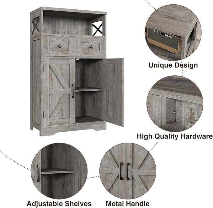 Farmhouse Storage Cabinet with Drawers, Small Kitchen Pantry Cabinet, Gray | Accent Coffee Bar Cabinet Cupboard, 2 Drawers, 2 Barn Doors & Adjustable Shelves, for Kitchen/Entryway/Living Room/Bathroom