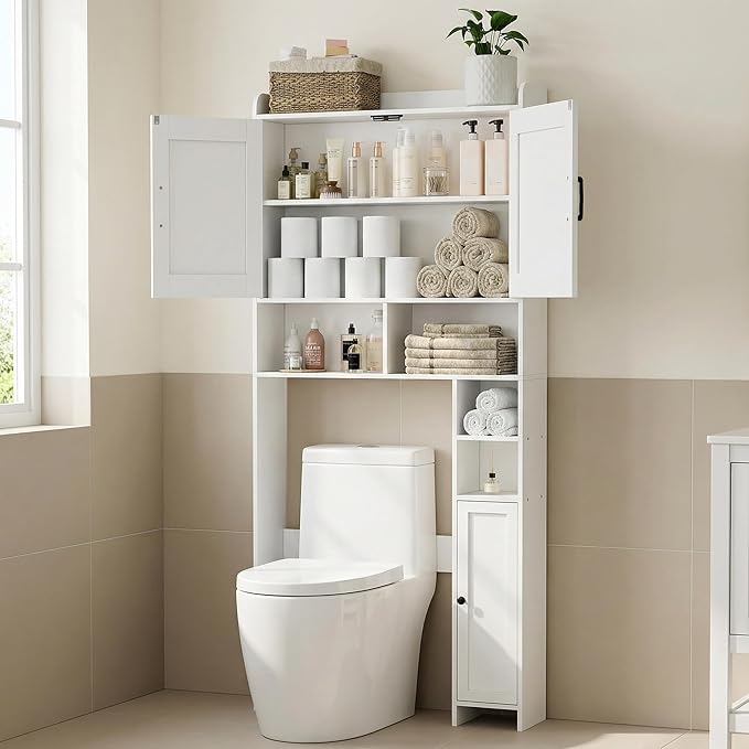 Homhedy Wooden Over The Toilet Storage Cabinet with Barn Door | Freestanding Bathroom Storage, Toilet Paper Holder, Adjustable Shelf,Space-Saving, Farmhouse Style, White