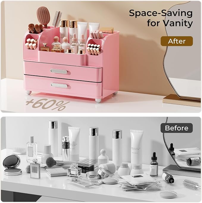 UFORU Makeup Organizer Countertop with 2 Large Drawers for Vanity Bathroom | Brush Holder, Large Capacity, Thickened Plastic, Compact Footprint, Space-Saving Design, Easy Clean, Ideal for Dorm Rooms