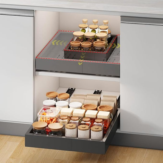 Pull out Cabinet Organizer,Width (11"-16") and Depth (17"-24") Expandable With 3 Rails,No Drill Adjustable Slide out Drawers for Kitchen,Pantry,Adhesive Roll out Shelves,for Cabinets without Lip,Black
