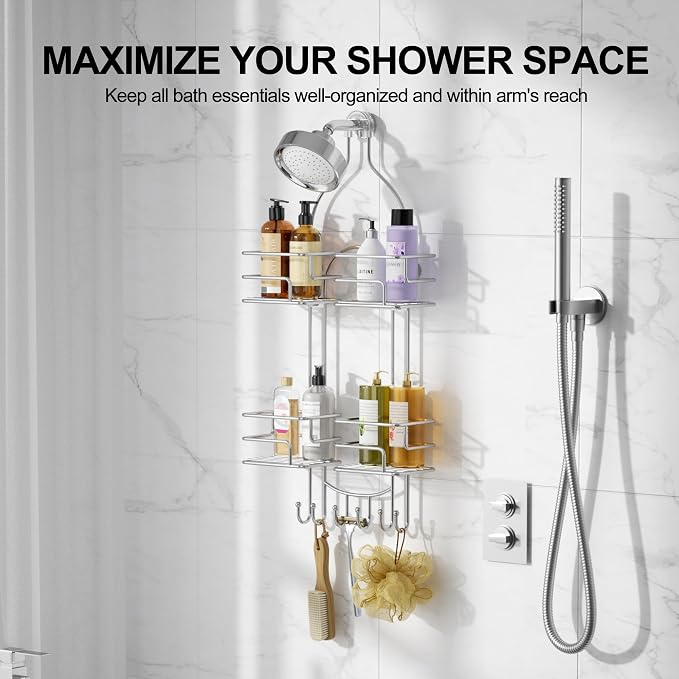 SRIWATANA Shower Caddy Hanging, Shower Organizer with Razor Hooks, Chrome | Rustproof Shower Rack, No Drilling Shelves Over Shower Head, Anti-Swing Scution Install, Bathroom Holder for Sponge Loofah