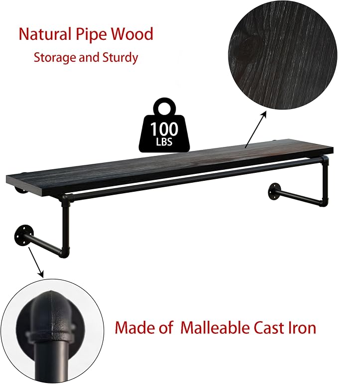 Clothes Rack 48in, Wall Mounted Garment Racks with Real Black Wood Shelf, Heavy Duty Hanging Clothes Rack, Multi-Purpose Hanging Rod, Space-Saving Closet Storage