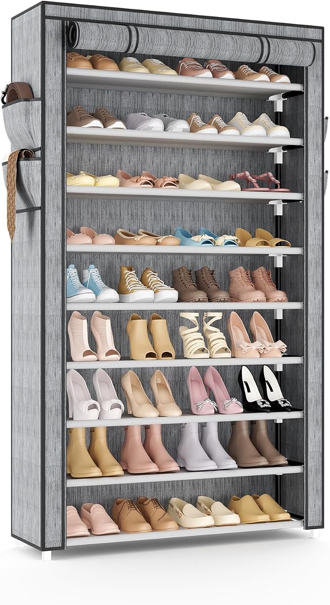 VILICK Shoe Rack with Cover Narrow Shoe Organizer with Pockets 10 Tier Tall Shoe Storage Holds 36-41 Pairs Shoes and Boots Shoe Rack for Closet Entryway Garage, Printing