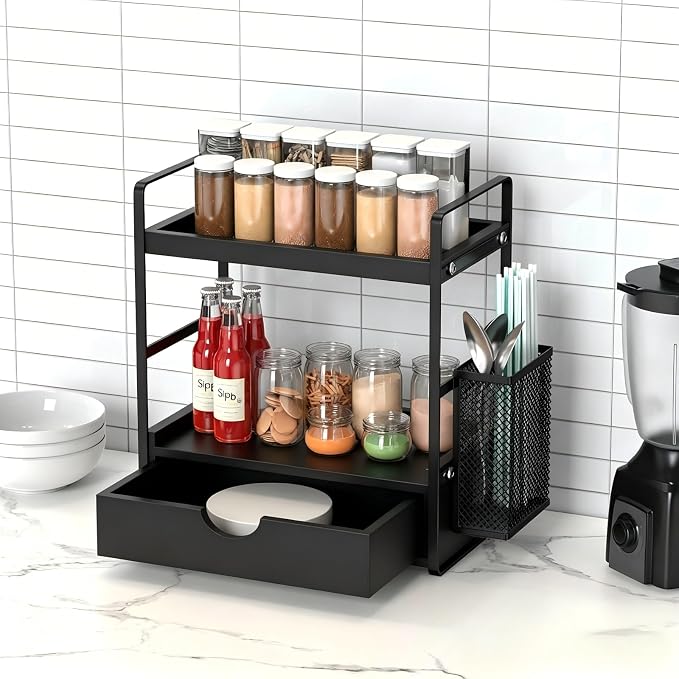 Bathroom Counter Organizer with Basket, Bathroom Organizers and Storage,Skincare Organizers for Vanity,Storage Organizers for Bathroom, Kitchen, Dresser (Black with Drawer)