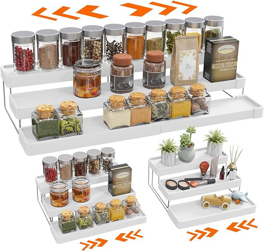 Expandable Spice Rack Organizer for Cabinet - 3 Tier Adjustable Cabinet Spice Organizer Easy Visibility - Spice Organizer for Cabinet Countertop Cupboard Pantry Organization (White)
