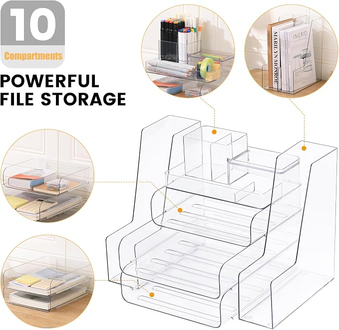 CiWiVOKi Desk Organizer with 2 Vertical File Holder, 4 Tier Stackable Paper Letter Tray File Organizer with 5-Compartments Pen Holder, Clear Desktop Organizer Office Organization and Storage
