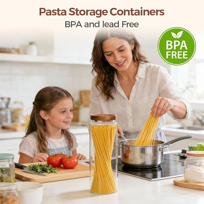 ComSaf Glass Pasta Storage Containers with Acacia Wood Lids 1.7Qt 3Pack | 11.3in Tall jar, for Cooks, Spaghetti Pasta Oats Cereal Beans, Kitchen Pantry Cabinet, Long Canisters with Labels, Durable