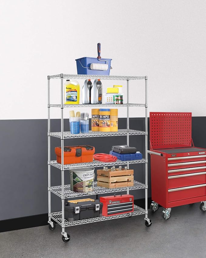 BestOffice | 6-Tier Wire Shelf with Wheels | 18" x 48" x 78" | Chrome | Storage Shelves with Adjustable Racks, Holds upto 600 lbs | Rust-Resistant, No-Tool Assembly | For Home, Garage