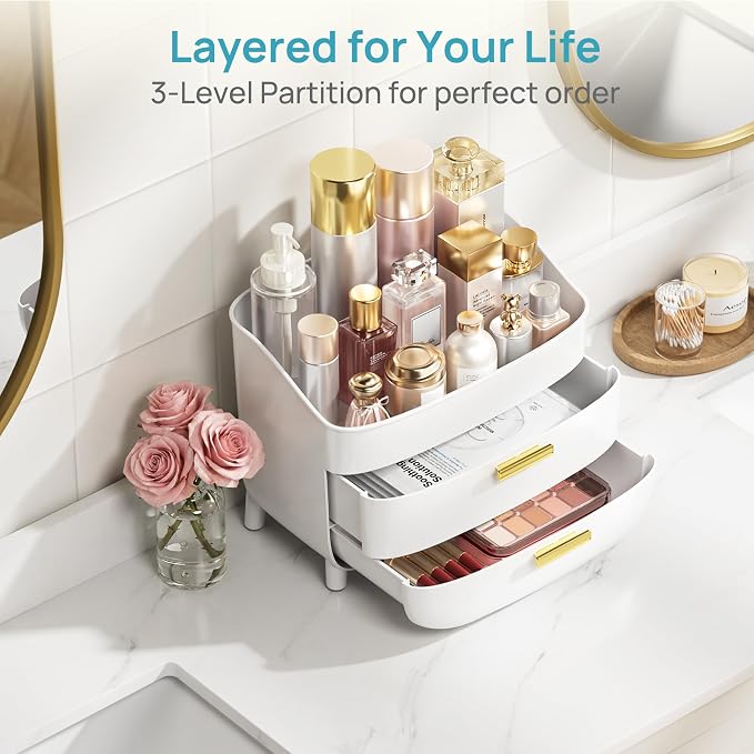 Vtopmart 3-Tier Skincare Makeup Organizer with Drawers, White | For Vanity,Dresser and Bathroom Countertop, Large Cosmetic Storage Box Case, , With Drawer, Non-Slip Base