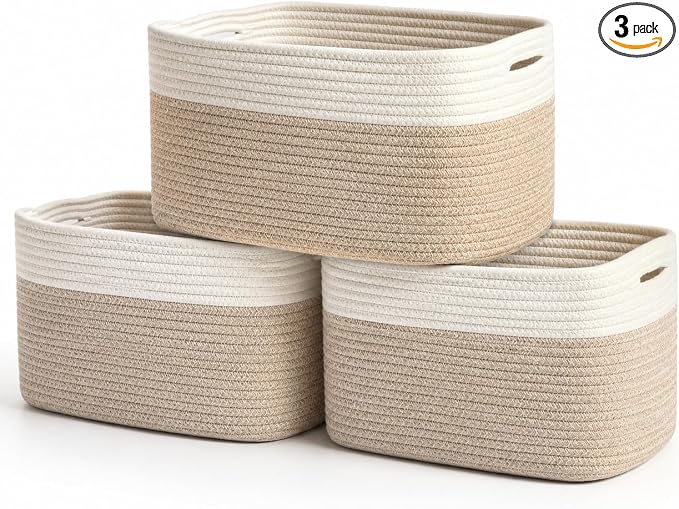 OrganiHaus Cotton Rope Baskets for Shelves, Set of 3, 15x9x10 | Handwoven; a toy bin and organizer for towels, books, or blankets; fits nursery, playroom, or bedroom decor