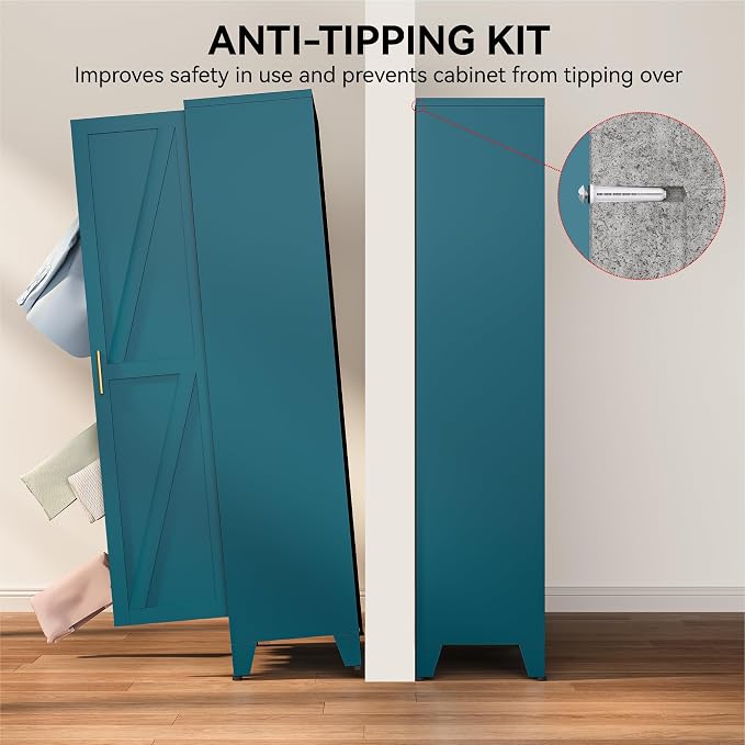 COFaR 67" Metal Narrow Storage Cabinet, Peacock Blue Slim Storage Cabinet with Magnetic Door & 4 Adjustable Shelves, Slim Freestanding Cupboard for Bathroom, Kitchen