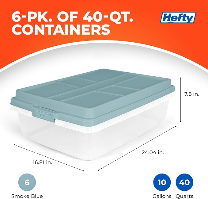 Hefty 40 Quart Hi-Rise Storage Bin with Lid, Stackable Plastic Container Tote for Home, Office, and Classroom Organization, 6 Pack, Smoke Blue