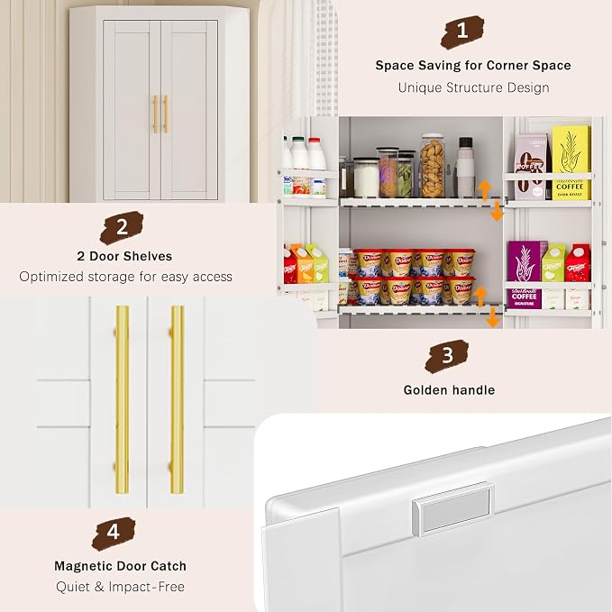 Farmhouse Corner Cabinet, 63" Tall Corner Storage Cabinet with 4 Doors & 3 Adjustable Shelves, Free Standing Storage Cabinet for Living Room, Kitchen, Bathroom, White