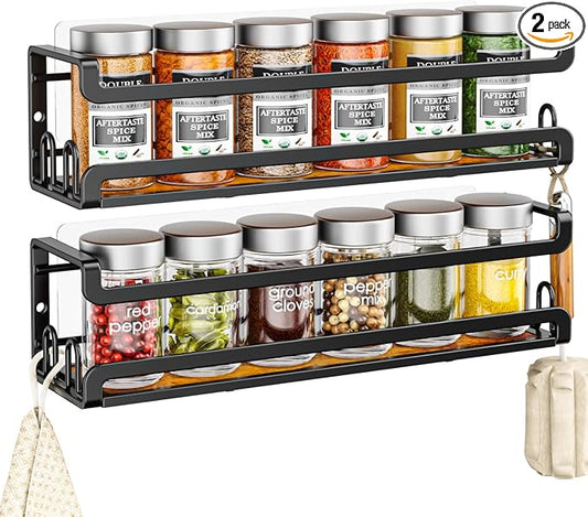Doakhirmit Wall Mounted Spice Rack,Wooden Spice Holder Black,2 Pack | 8 Hooks,Screw or Adhesive Installation , Hanging Organizer for Stove Cabinet Pantry Door Kitchen and RV Use