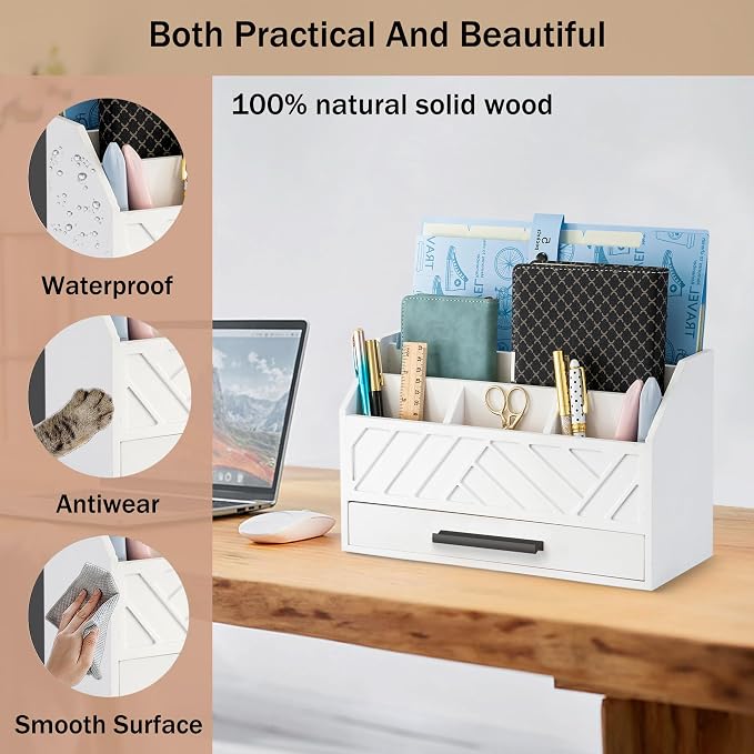 dreampossible Wood Desk Organizer and Accessories with Drawer, Bill Mail Organizer and File Mail Holder for Office Supplies, Modern Desk Accessories & Workspace Organizers for Desk Organization