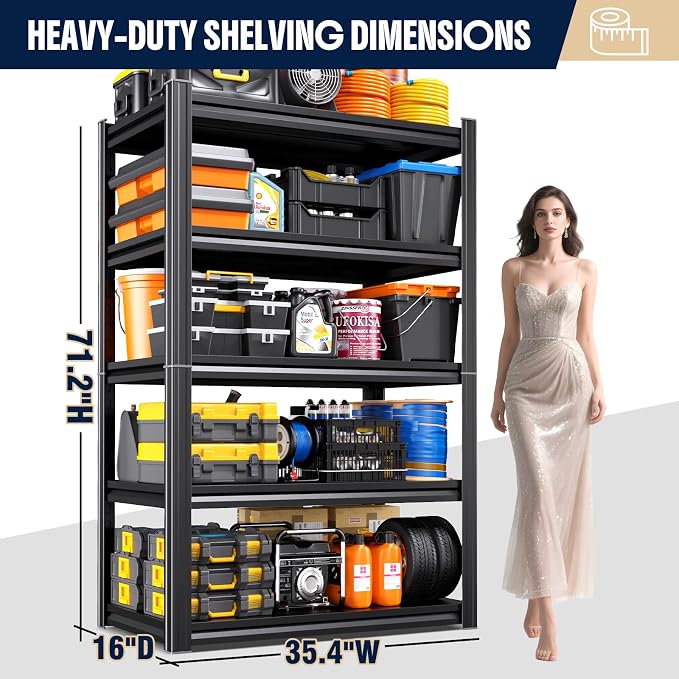 Set of 4 Heavy Duty Garage Shelving Unit, 71.2" H x 35.4" W x 16" D, 5-Tier Adjustable Storage Shelves for Garage Storage, Standing Shelf Unit & Shelves Organizer for Home, Warehouse, Workshop