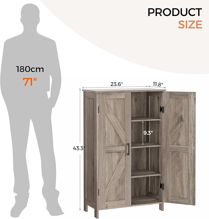Homleke 43.3" H Farmhouse Bathroom Storage Cabinet with Adjustable Shelves | Freestanding Storage Cabinet with Barn Doors for Bathroom, Kitchen, Living Room, Dining Room & Entryway, Greige
