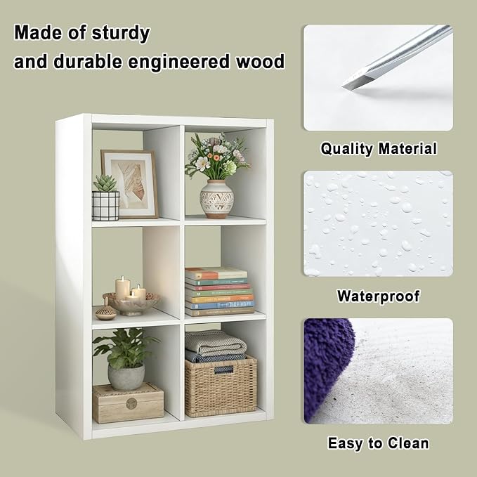 6 Cube Storage Organizer Shelf, White, 11inch | 2026 Wooden Thick Frame, Anti-Tipping Kits, Reversible Open Back Bookcase, Horizontal and Vertical Dual-use