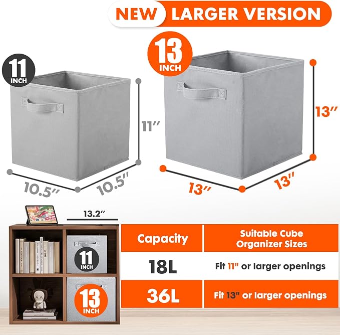 ShellKingdom Storage Bins, Foldable Fabric Storage Cube And Cloth Organizer | Storage Drawer For Closet And Toys, 13 X 13 X 13 INCH, 6 Pack (Grey)