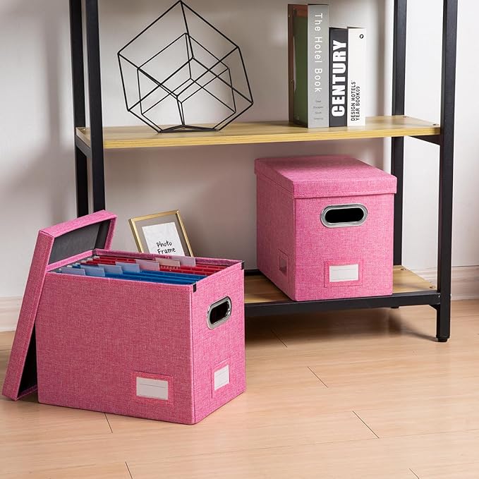 File Organizer Box - Set of 1 Collapsible Decorative Linen Filing Storage Hanging File Folders with Lids Office Cabinet Letter Size Pink (14x9.3x10.8 inch)