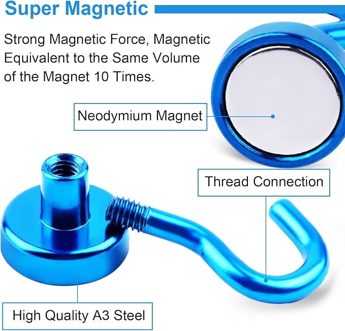 DIYMAG Magnetic Hooks 20pcs 30lbs+ Cruise Essentials 2026 Magnet Hook Blue | Neodymium Heavy Duty Strong Magnets Hanging Ship Cabins Refrigerator Fridge Classroom Beach Vacation Kitchen Grills Home Tool
